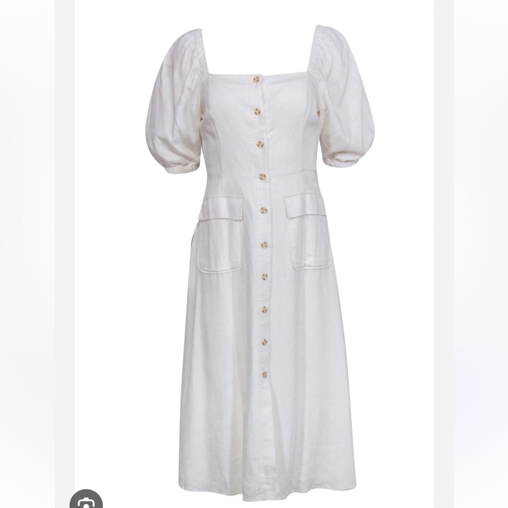 BCBG Puff Elbow Sleeves Pockets Front Button Down Midi Dress White Cream Sz 8